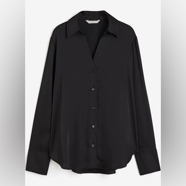 H&M Black Satin Button Up Shirt Oversized Xxl Euc